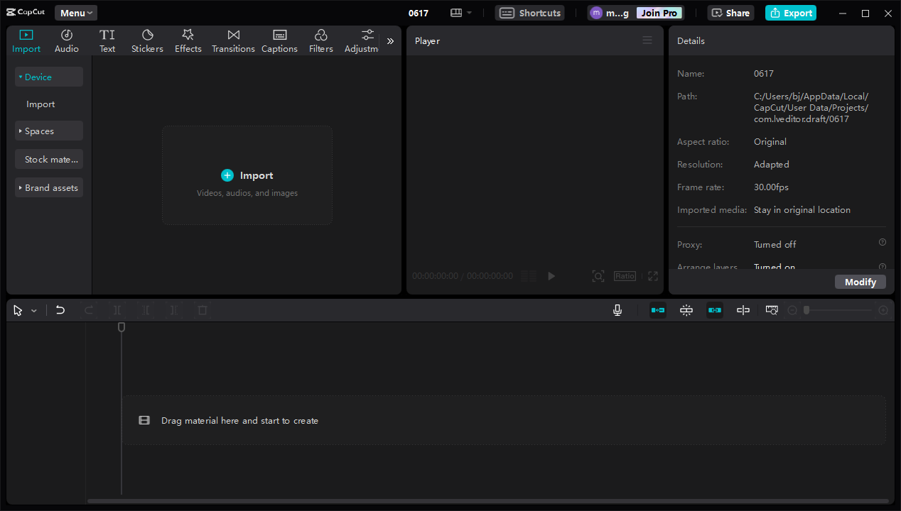 The main editing page of CapCut.