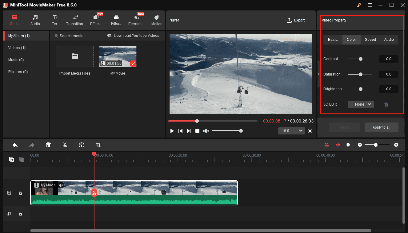 MiniTool MovieMaker interface with selected Video Property section on the right panel.