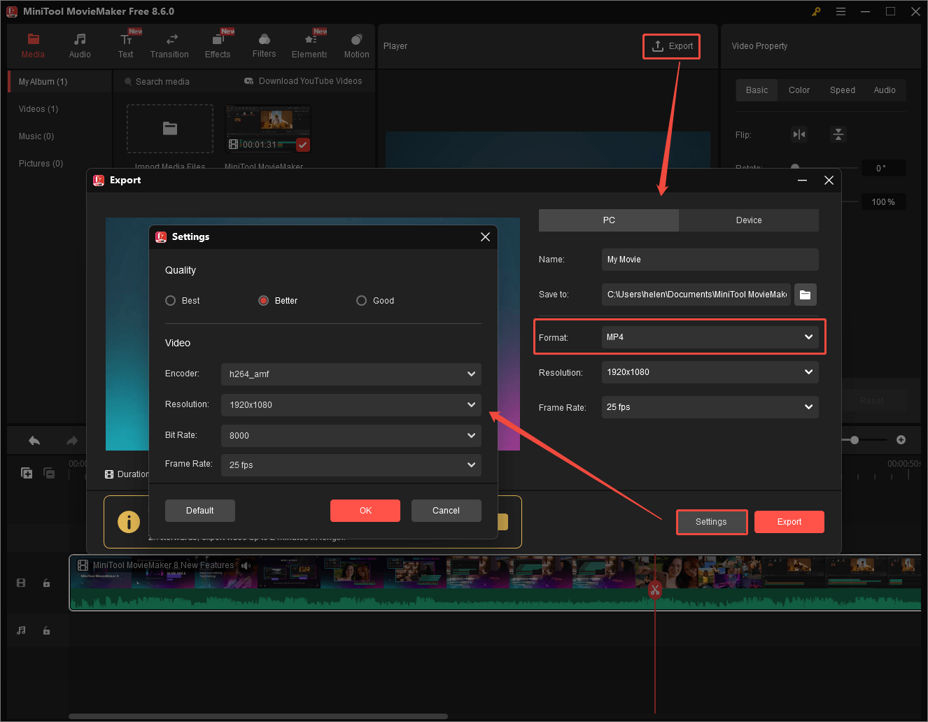 MiniTool MovieMaker interface showing how to set up a format for the exported video