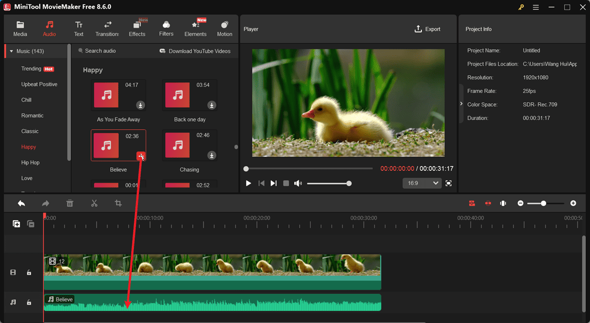 MiniTool MovieMaker interface showing how to add audio to the timeline.