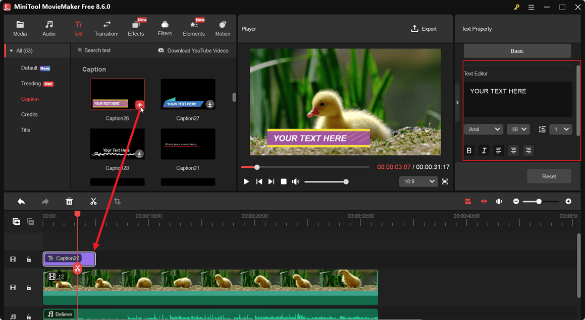 MiniTool MovieMaker interface showing how to add captions to video.