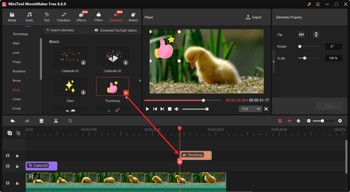 MiniTool MovieMaker interface showing how to add elements to the video.