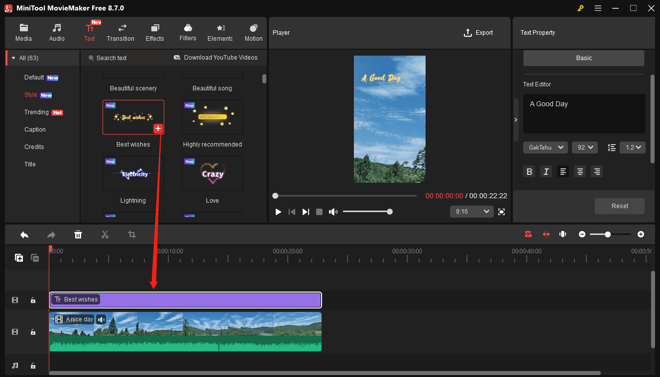 MiniToolMovieMaker interface showing how to add text to video.