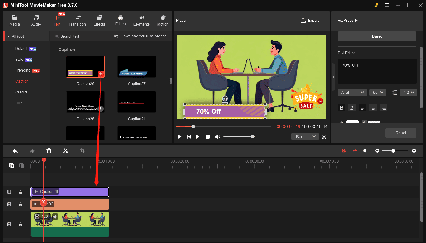 MiniTool MovieMaker interface showing how to add text to the video.