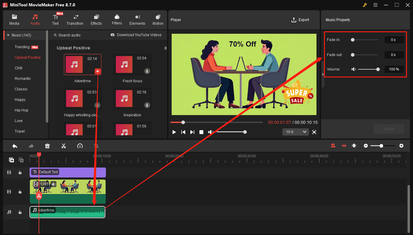 MiniTool MovieMaker interface showing how to add and edit music for the video.