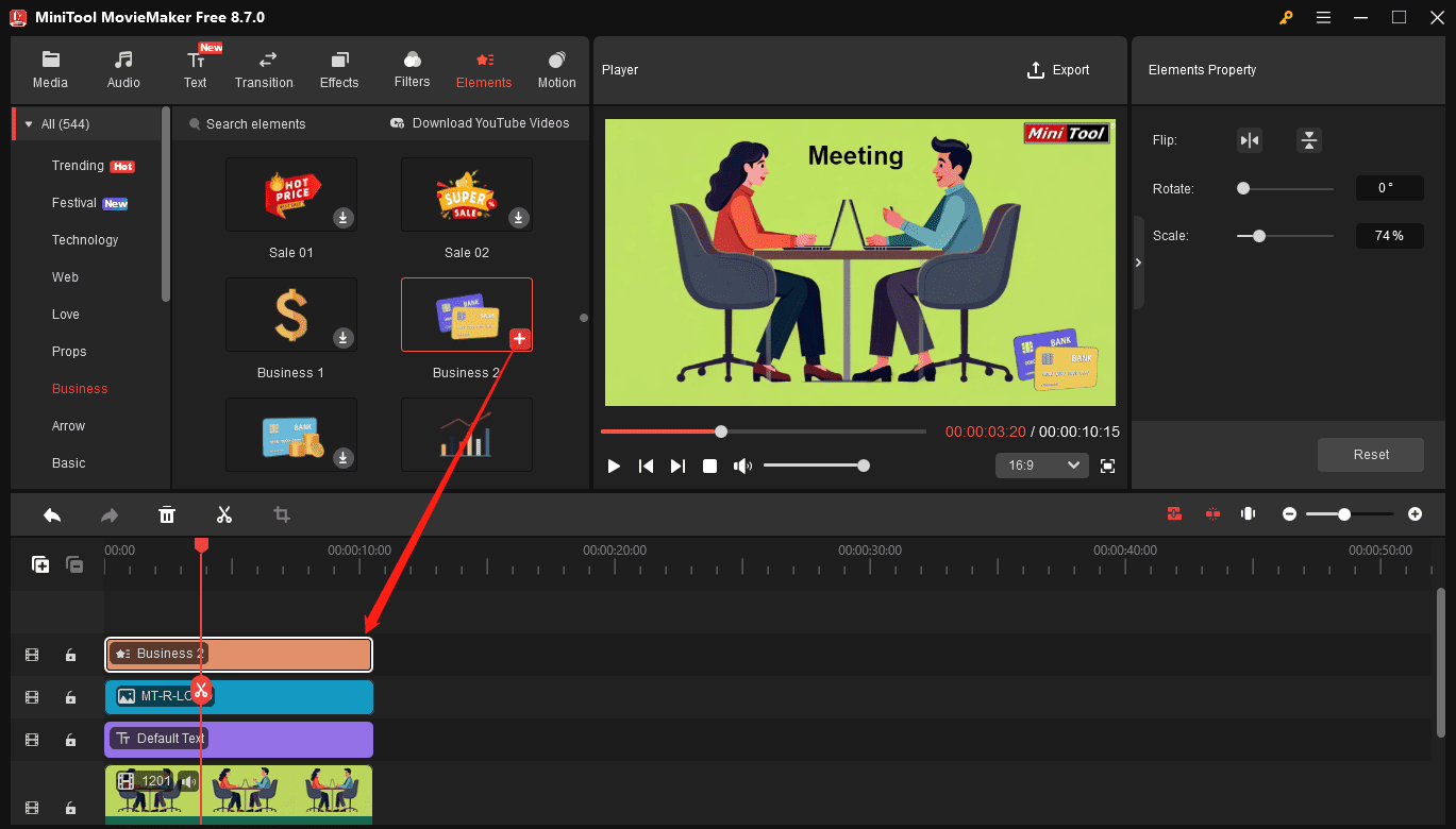 MiniTool MovieMaker interface showing how to add an element to the video.