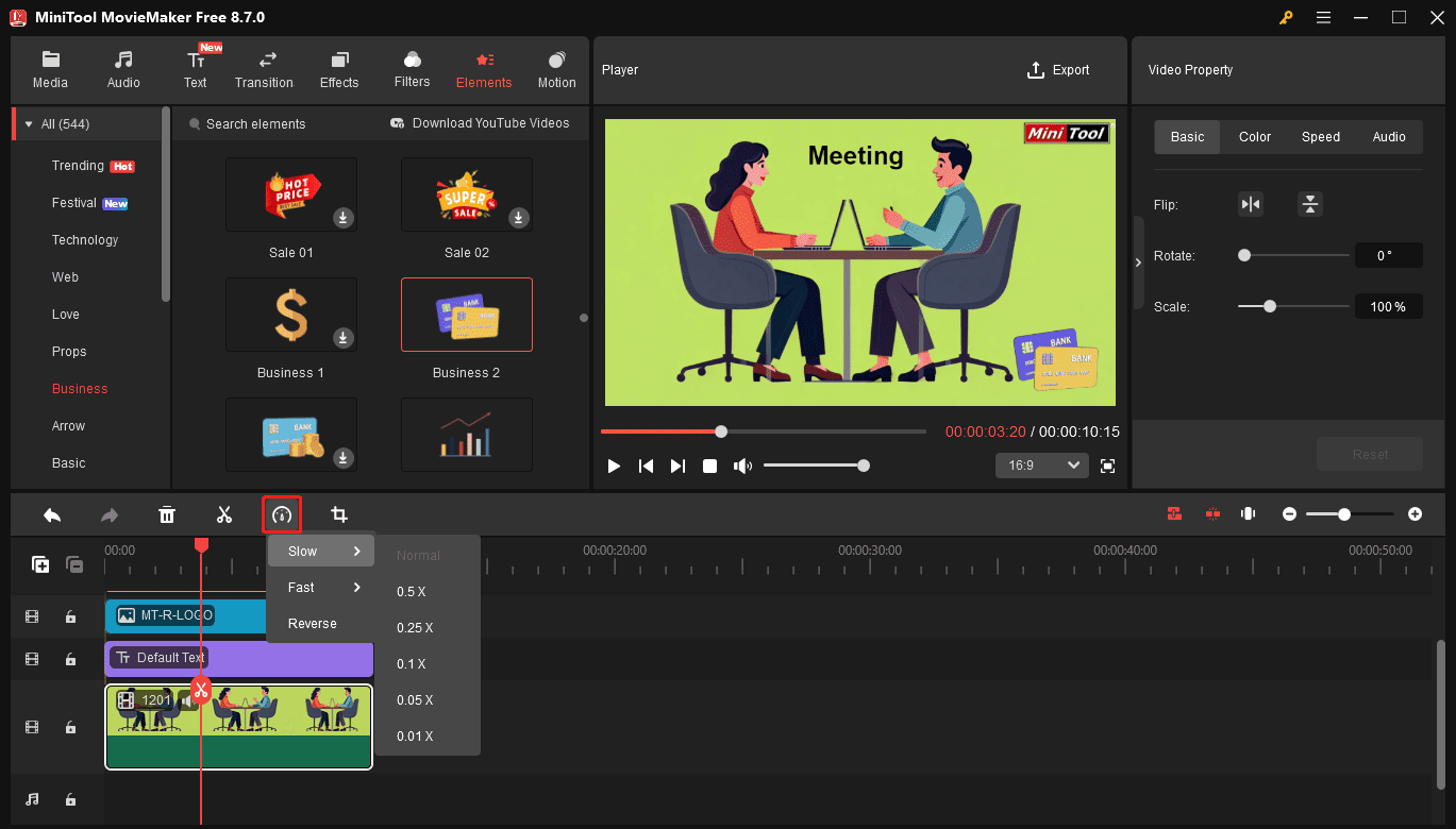 MiniTool MovieMaker interface showing how to edit the video speed.