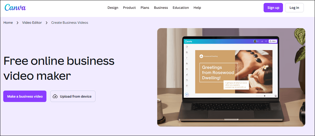 Canva business video maker starting page.