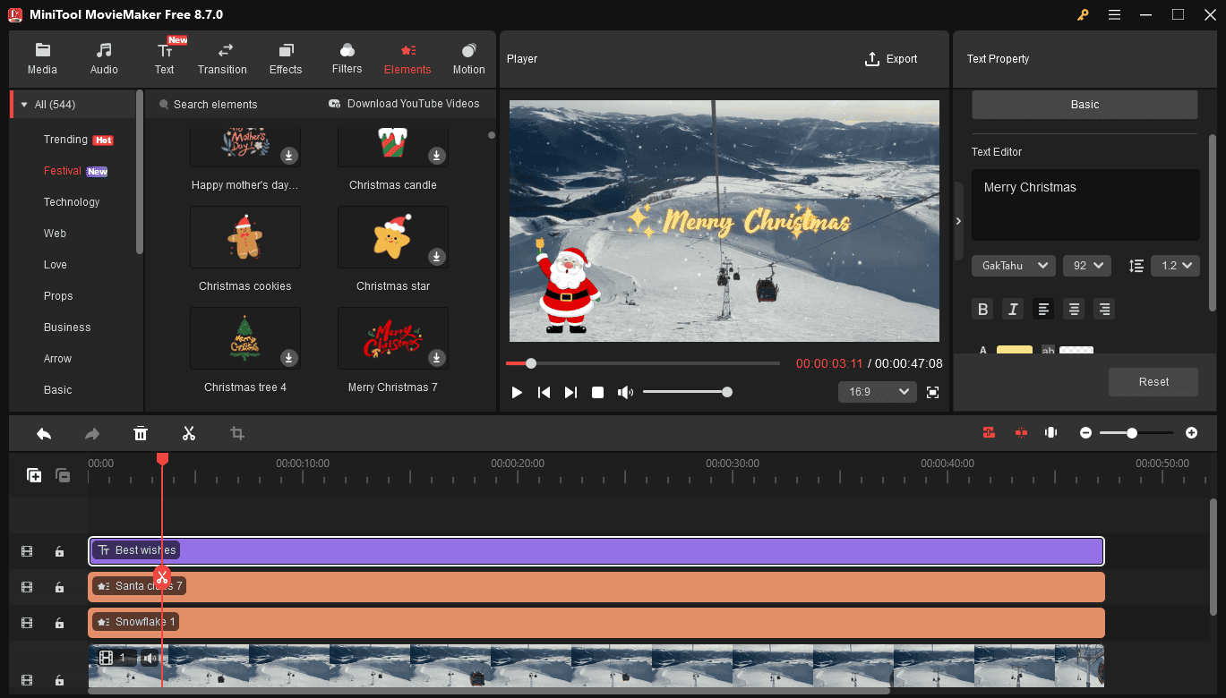 MiniTool MovieMaker interface showing a video with Santa Claus and Merry Christmas.