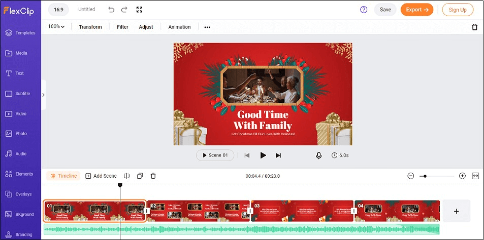 FlexClip main editing page with a Christmas video on the timeline.