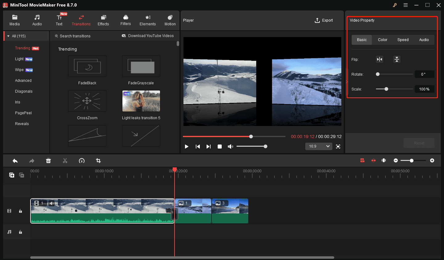 MiniTool MovieMaker interface with the highlighted Video Property section on the right panel.