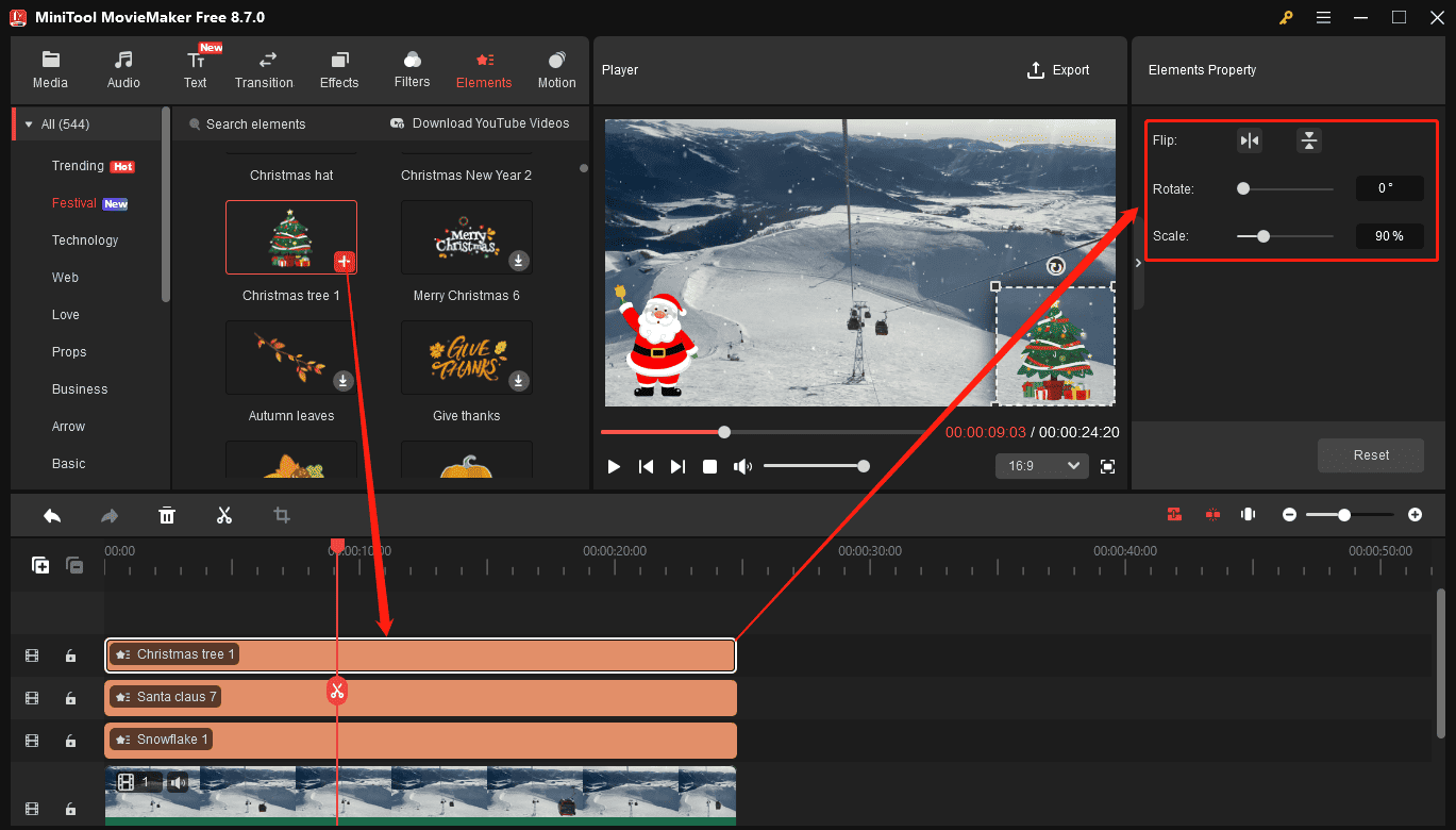 MiniTool MovieMaker interface showing how to add an element to the video and where to edit the sticker.