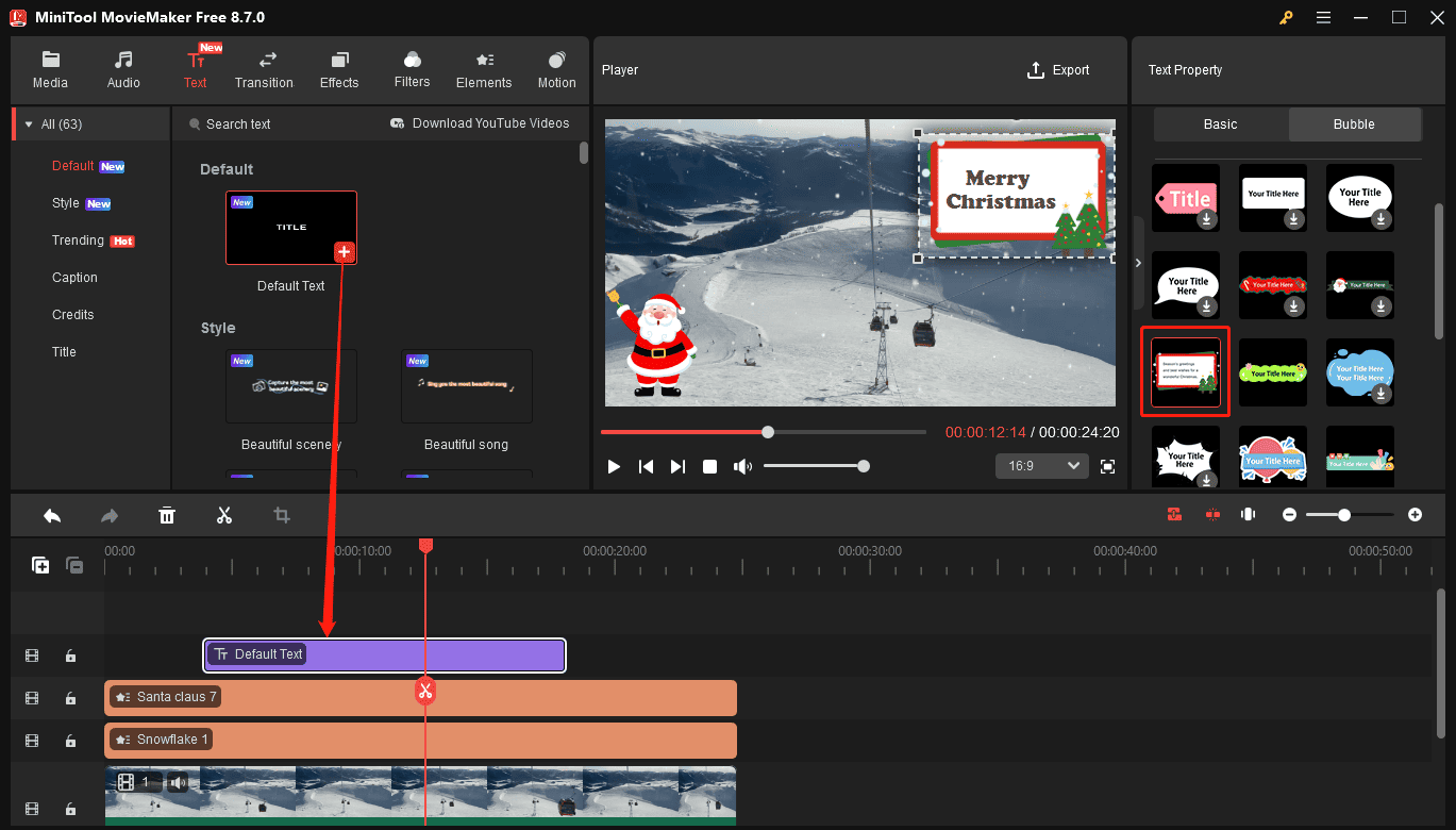 MiniTool MovieMaker interface showing how to add Christmas text to the video.