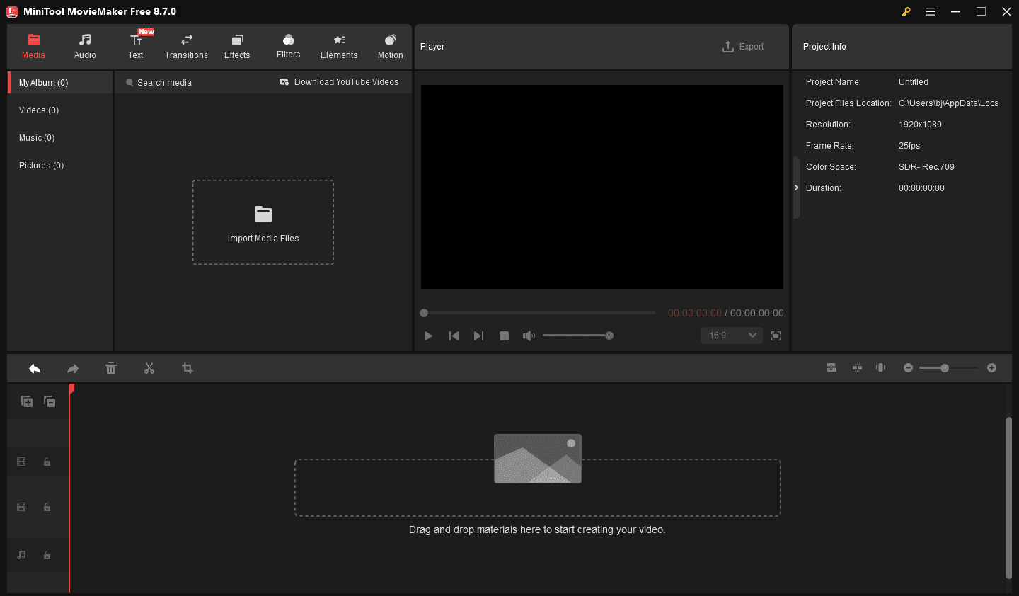 The main interface of MiniTool MovieMaker.