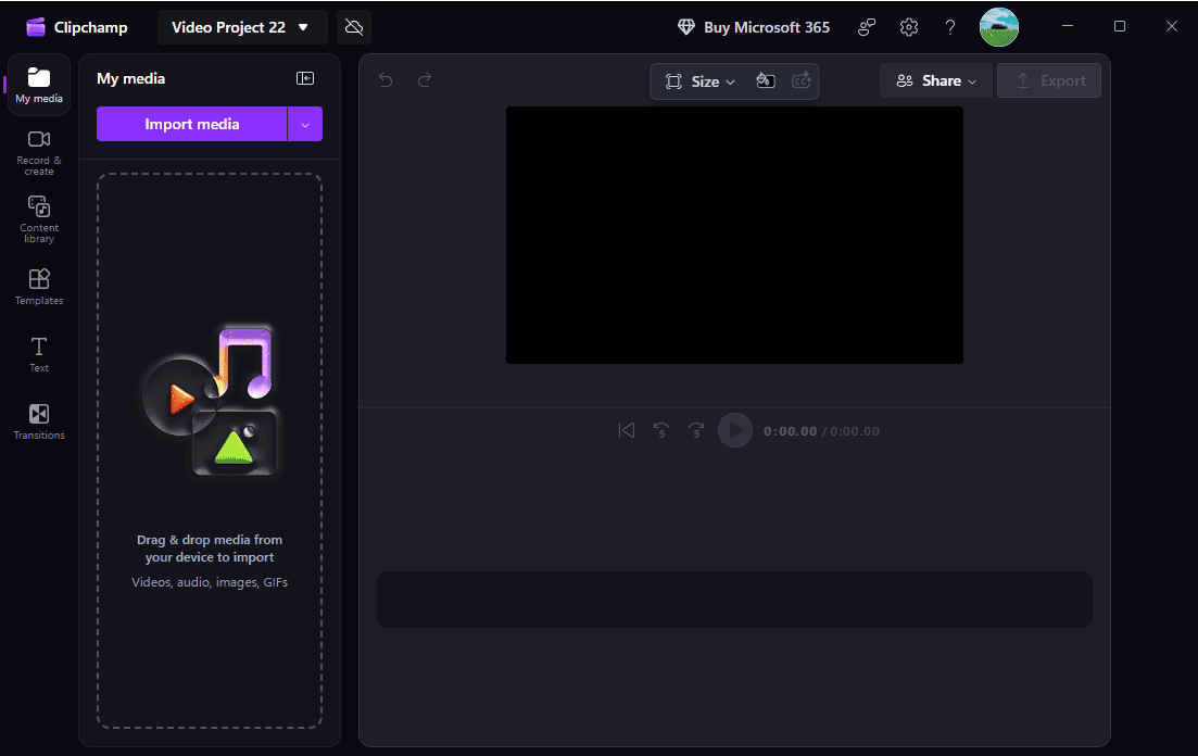 The main interface of Microsoft Clipchamp.