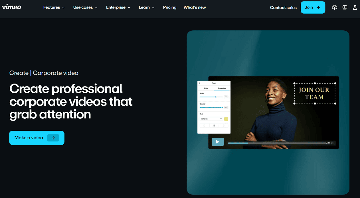 The starting page of Vimeo corporate video maker.
