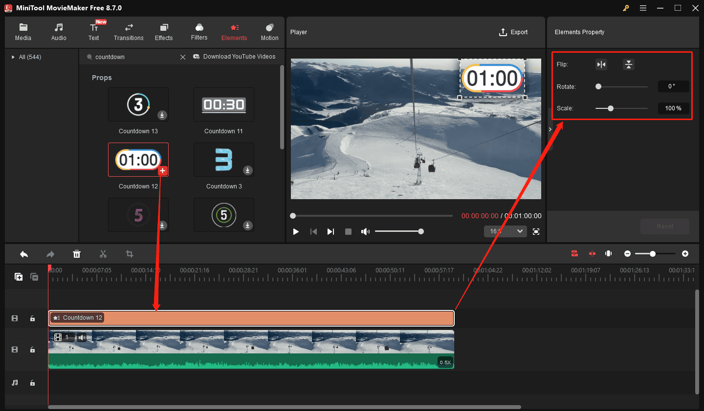 MiniTool MovieMaker interface showing how to add a countdown element to the video.