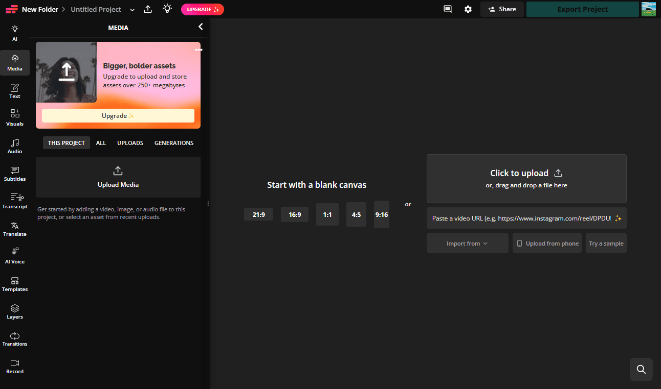 The main editing interface of Kapwing.