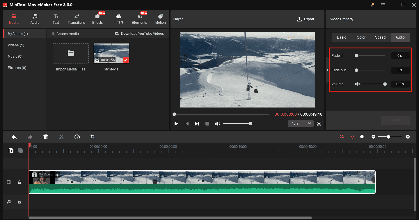 MiniTool MovieMaker interface with the selected Audio tools on the right panel.