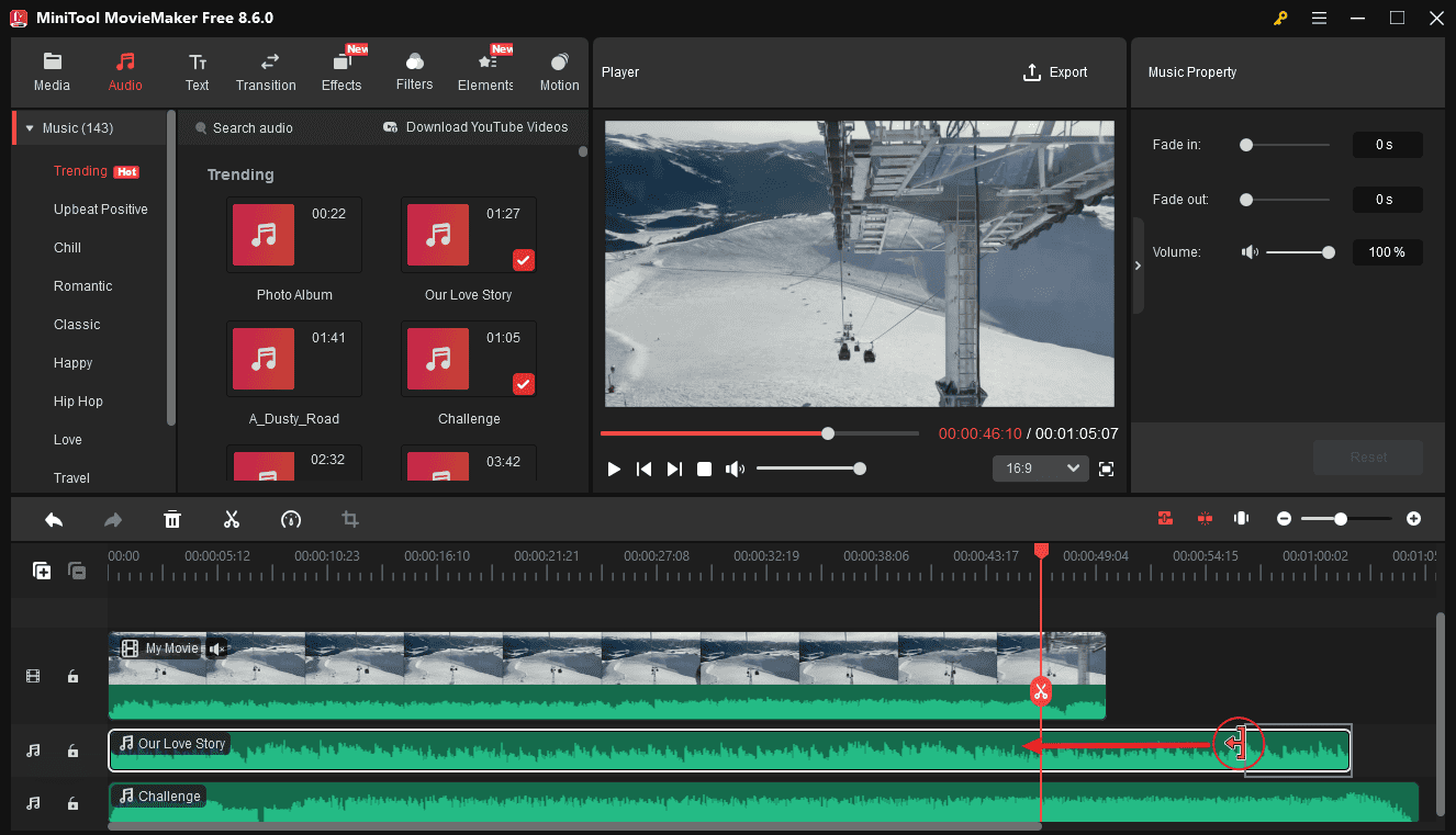 MiniTool MovieMaker interface with the Trim icon being dragged to the left on the timeline.