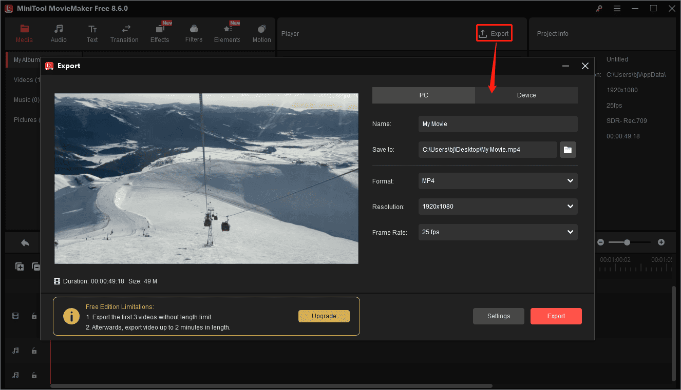 MiniTool MovieMaker interface showing how to open the Export window.