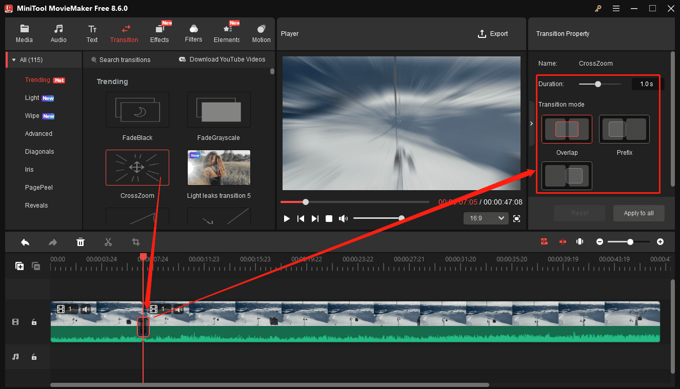 MiniTool MovieMaker interface showing how to add and edit the transition for videos.