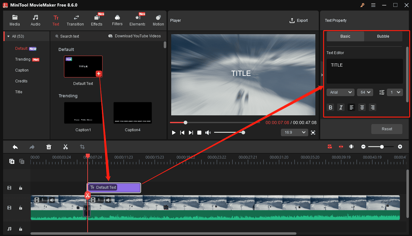 MiniTool MovieMaker interface showing how to add and edit text for videos.