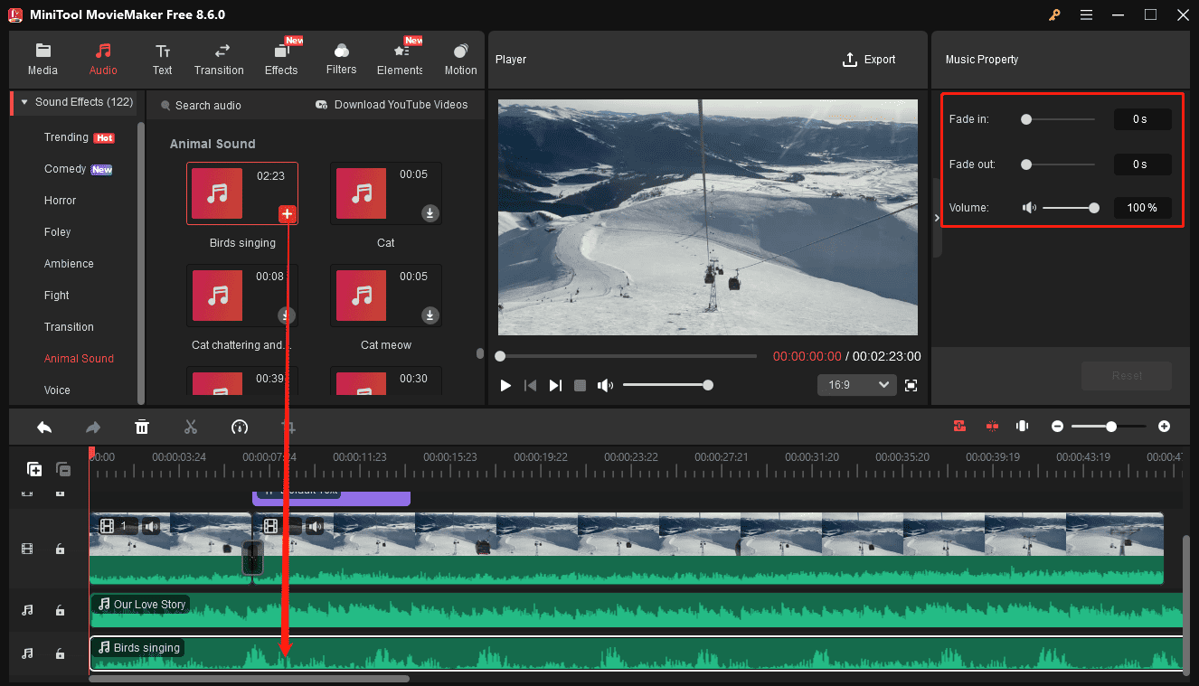MiniTool MovieMaker interface showing how to add and edit audio for video.