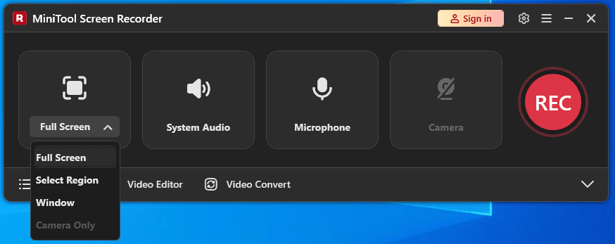 The main interface of MiniTool Screen Recorder.
