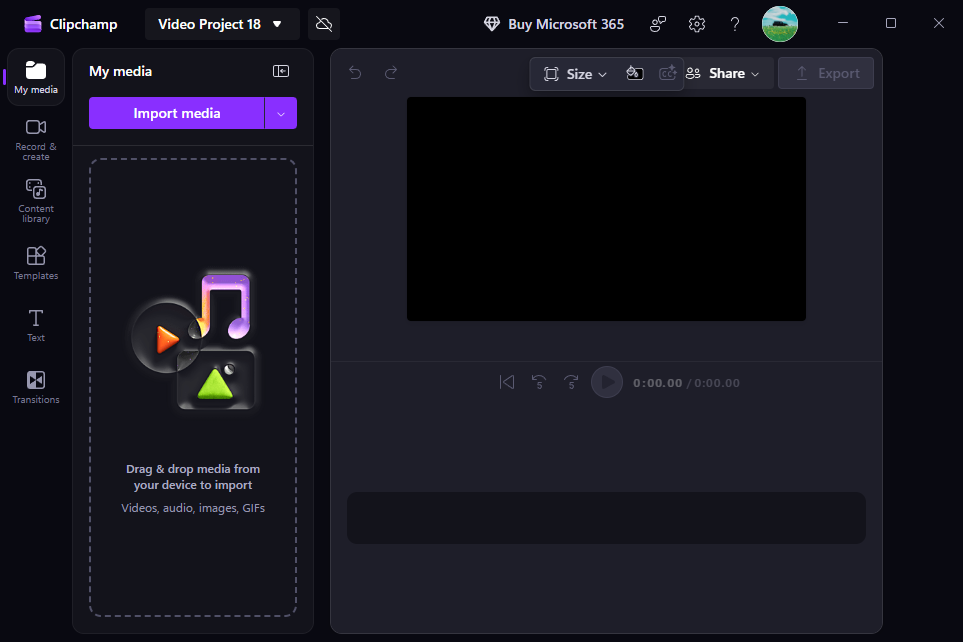 The main interface of Microsoft Clipchamp.