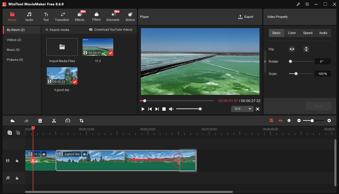 MiniTool MovieMaker interface with the highlighted trim icon on the timeline.