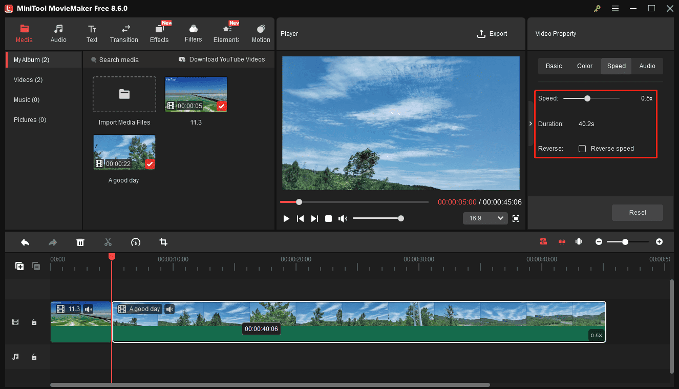 MiniTool MovieMaker interface with the highlighted Speed section in the Video Property.