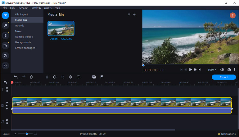 The main interface of Movavi Video Editor Plus.