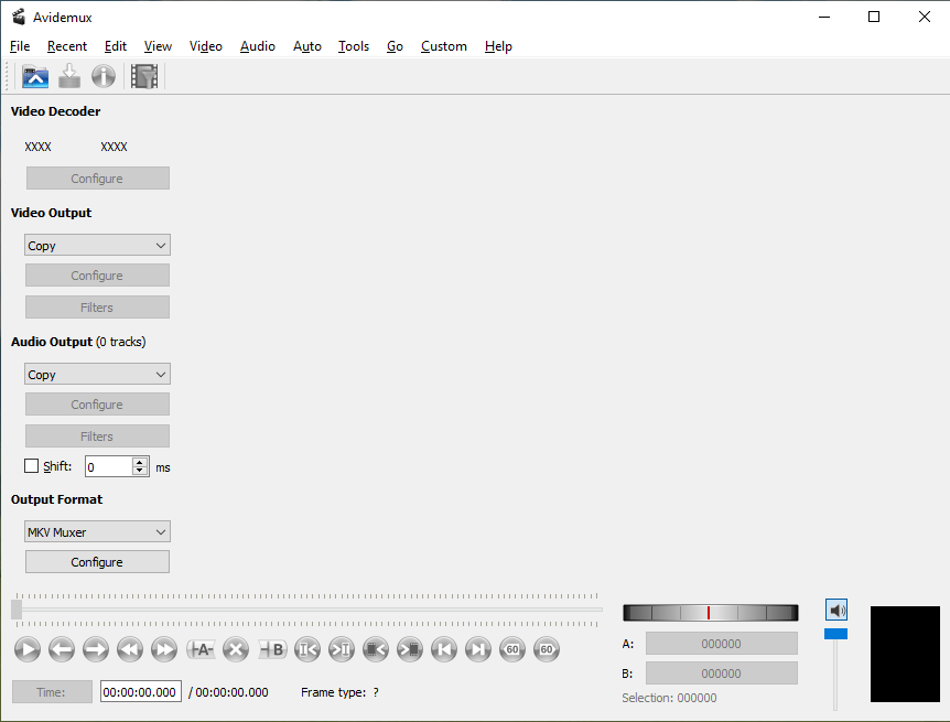 The main interface of Avidemux.