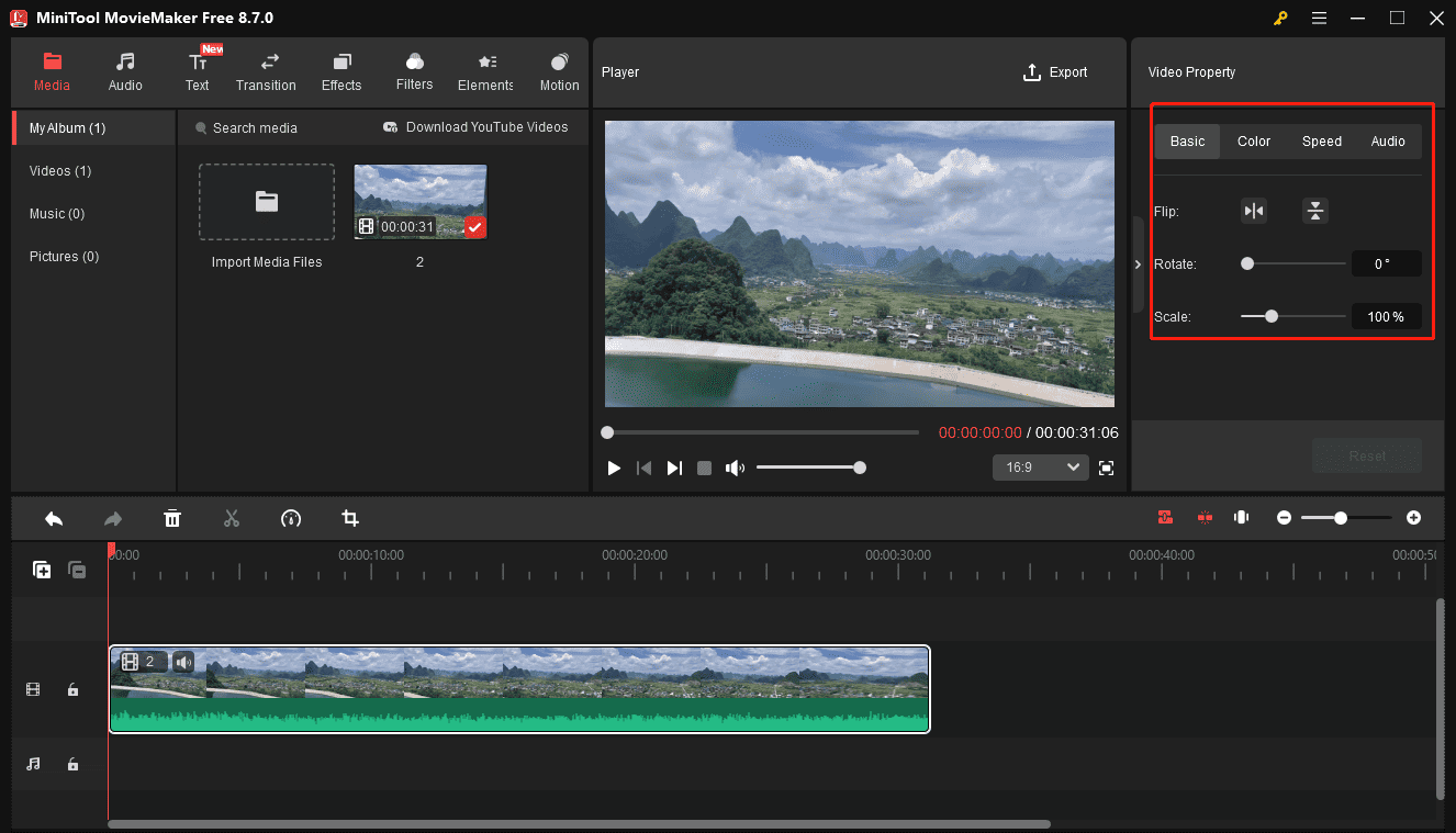 MiniTool MovieMaker interface with the selected Video Property tools on the right side.
