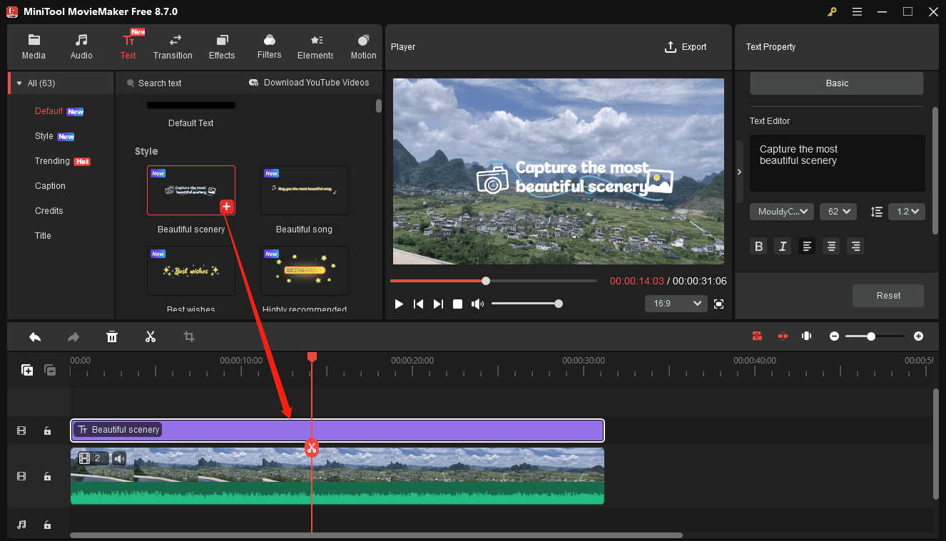 MiniTool MovieMaker interface showing how to add text to the timeline.
