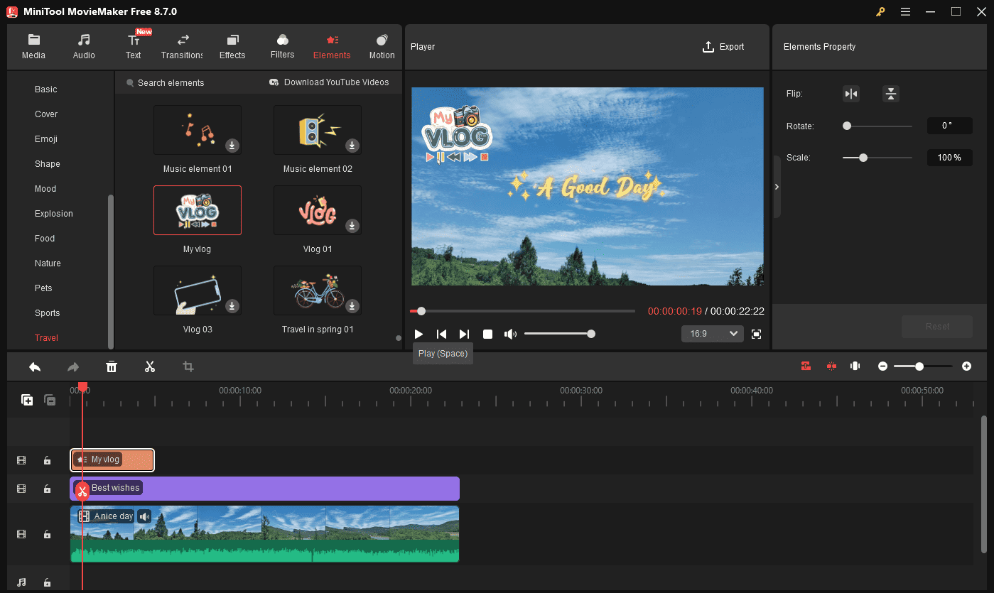 MiniTool MovieMaker interface showing a video with text abd a sticker on the timeline.