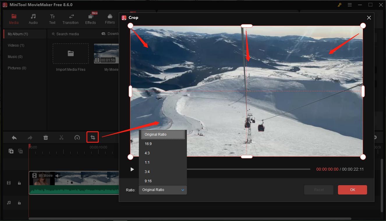 MiniTool MovieMaker interface showing how to crop a video.