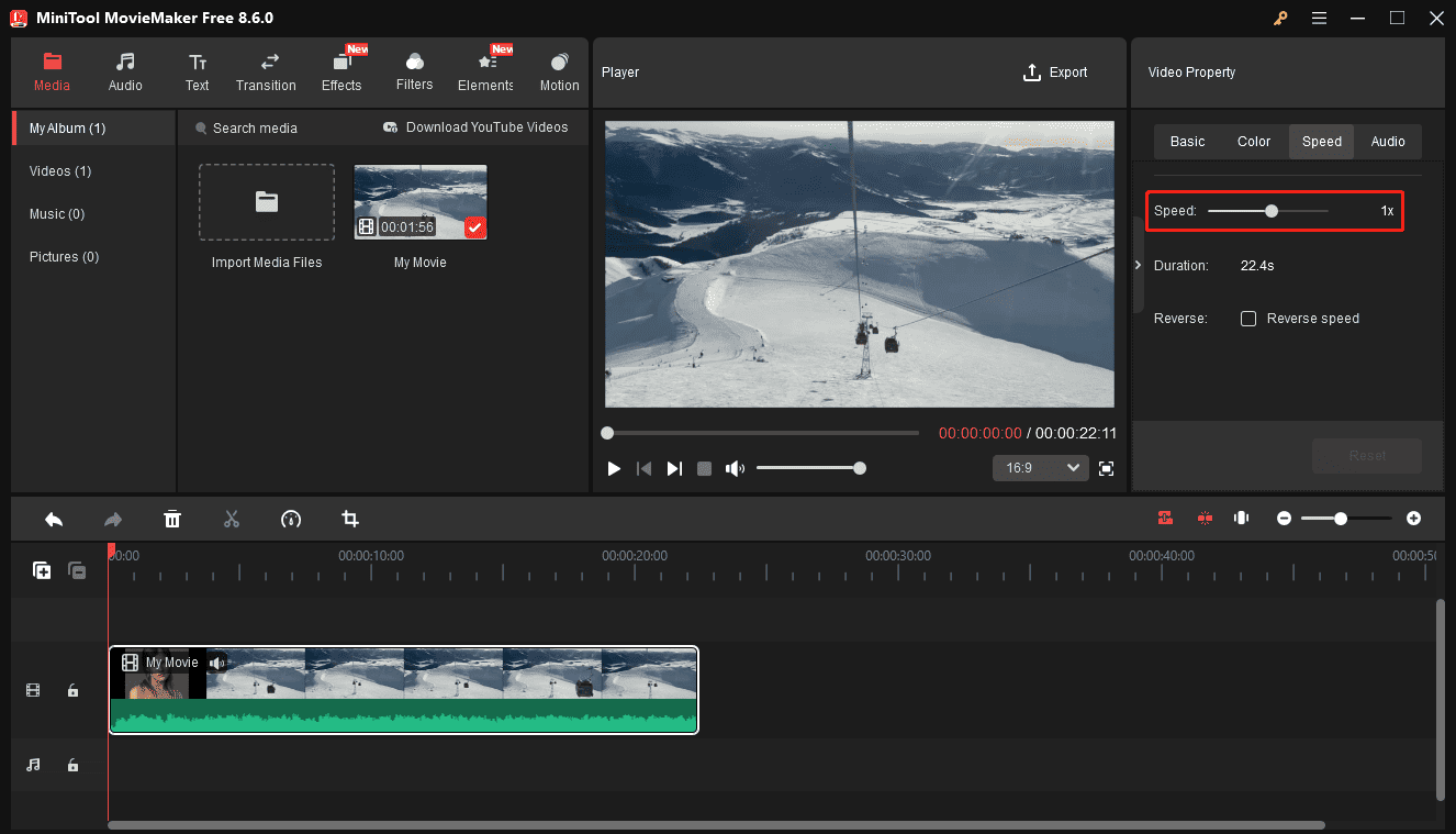 MiniTool MovieMaker interface with the highlighted Speed tool in the video property section.
