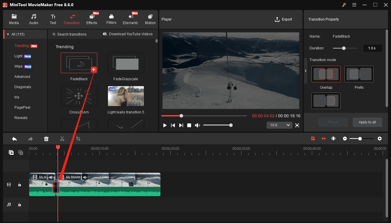 MiniTool MovieMaker interface showing how to add a transition to the timeline.