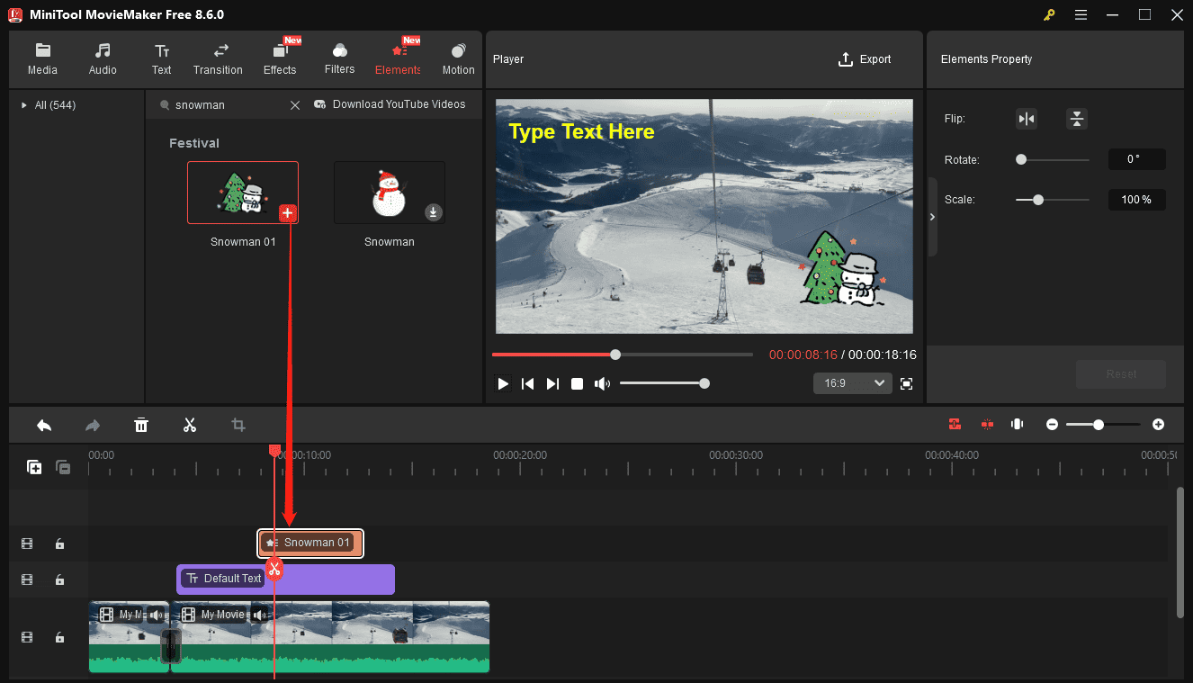 MiniTool MovieMaker interface showing how to add an element to the timeline.