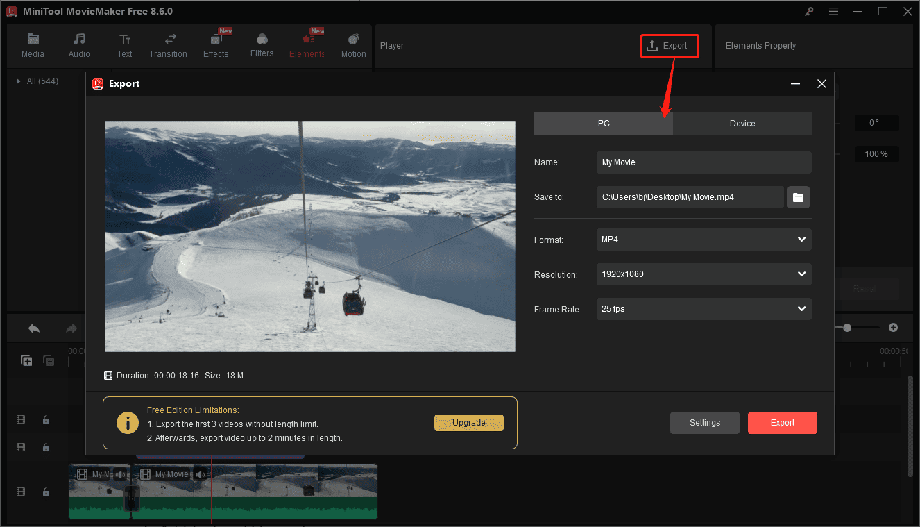MiniTool MovieMaker interface showing how to open the Export window.