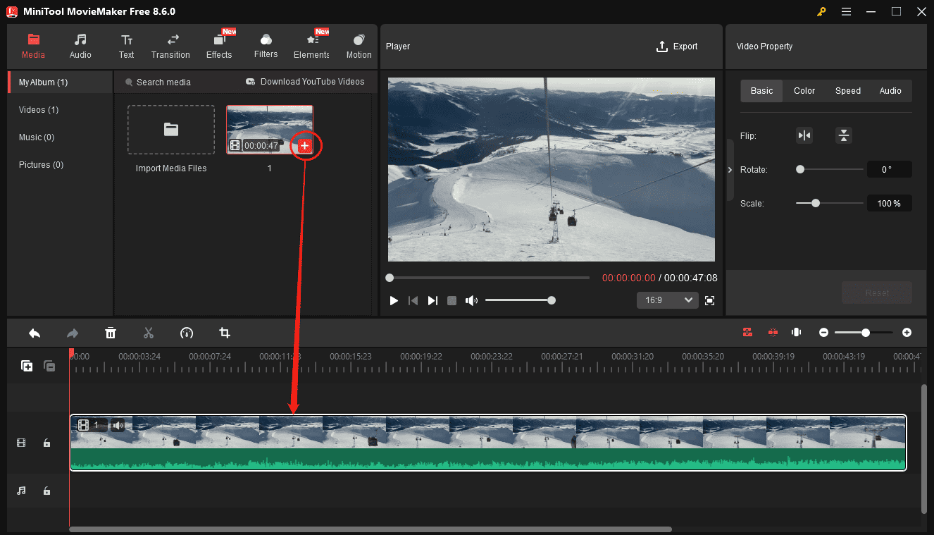 MiniTool MovieMaker interface showing how to add a video to the timeline.