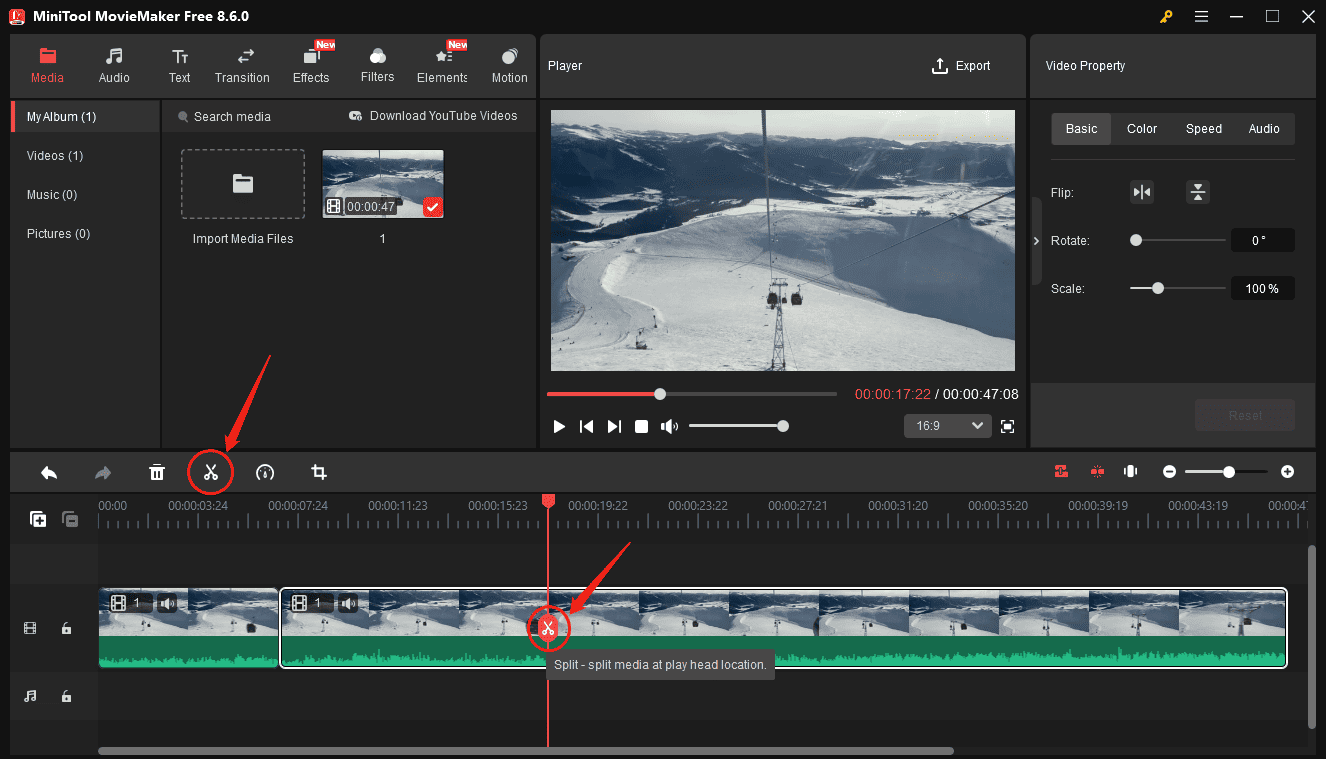MiniTool MovieMaker interface with two highlighted Split icons on the timeline.