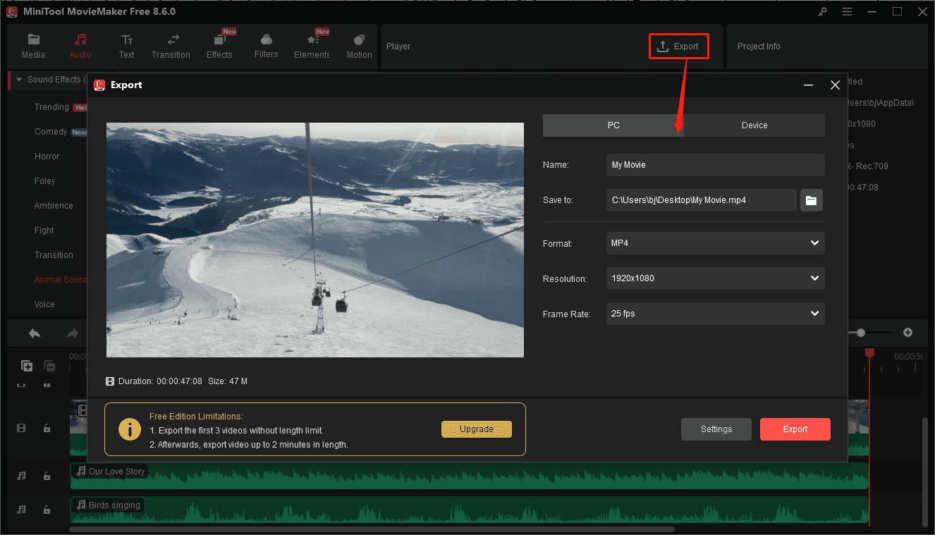 MiniTool MovieMaker interface showing how to open the Export window.