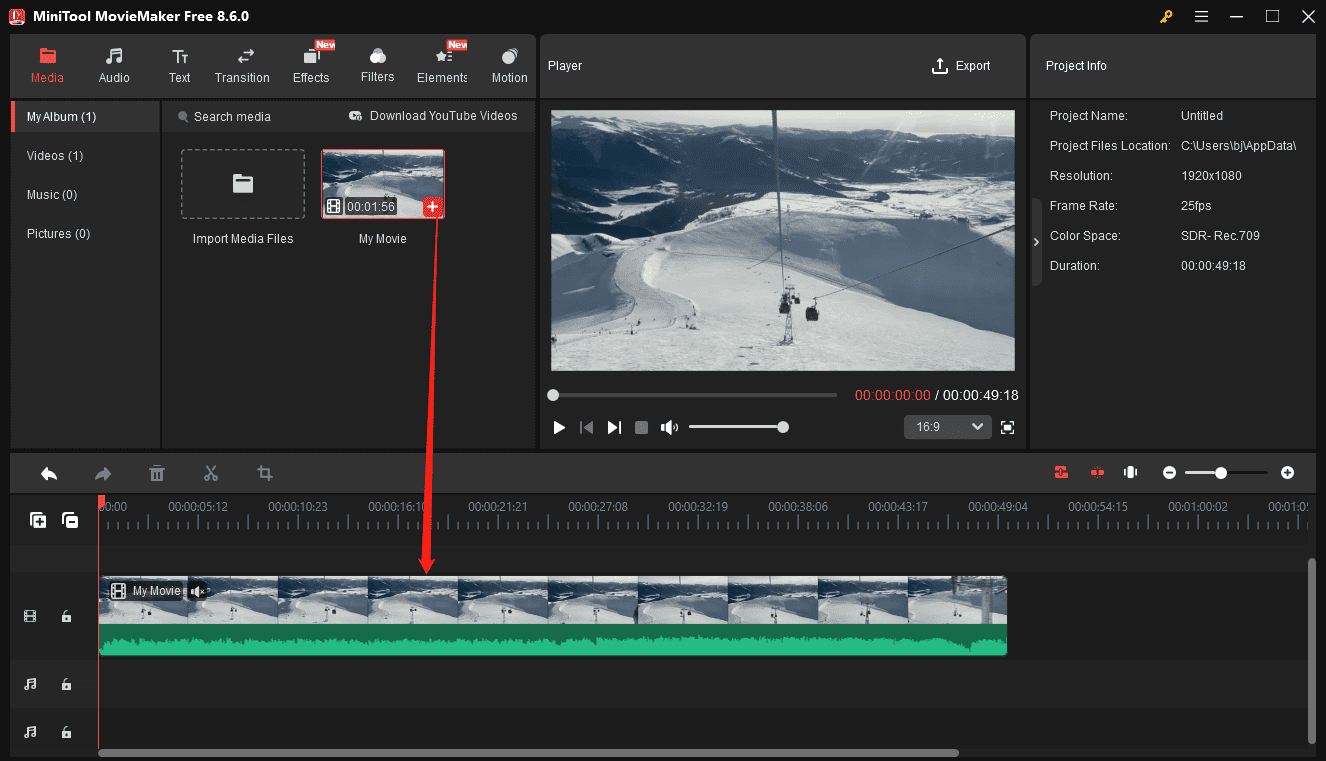 MiniTool MovieMaker interface showing how to add a video to the timeline.