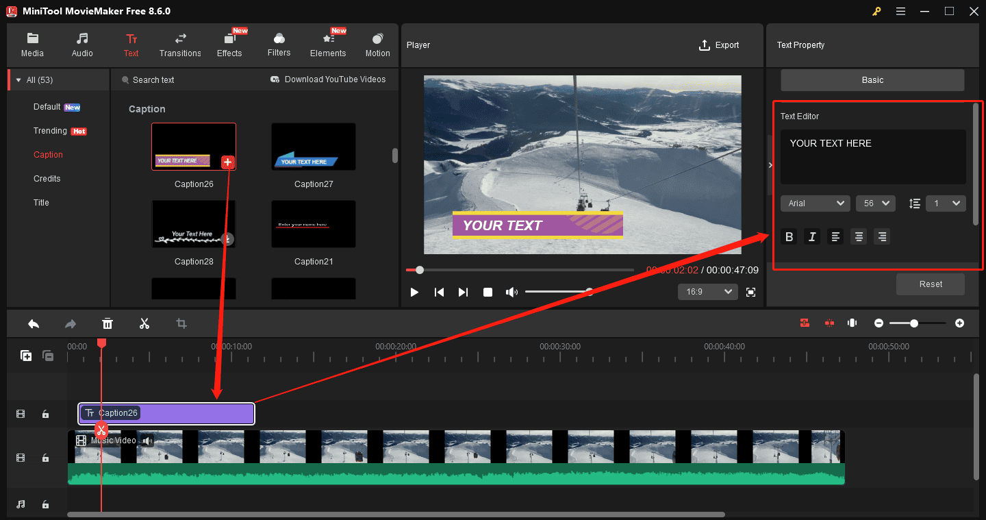 MiniTool MovieMaker interface showing how to add and edit captions for the video.