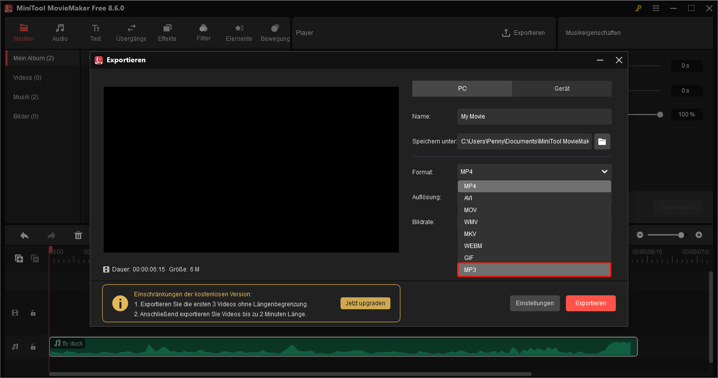 MiniTool MovieMaker-Oberfläche, die zeigt, wie man das Exportfenster öffnet und das Ausgabeformat auf MP3 einstellt.