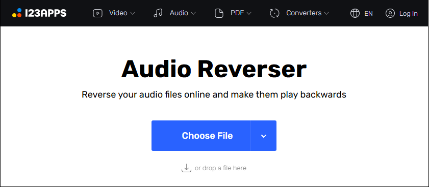 Die Seite zum Hochladen von Dateien bei „Audio Reverser“ von Online Audio Cutter.