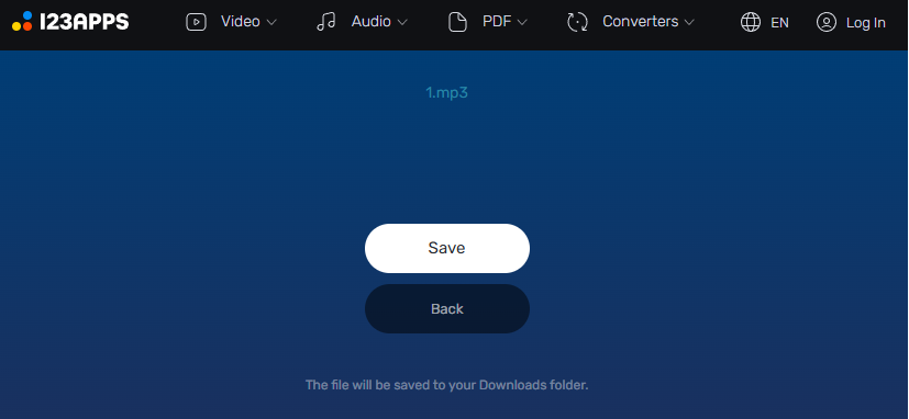 Die Ergebnisseite der Audio-Umkehrung mit Online Audio Cutter mit der Schaltfläche Save.